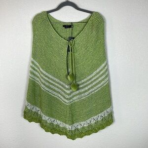 NWT Vertigo Olive Green Combo Knit Poncho Cape and Fuzzy Pom Poms Sz S